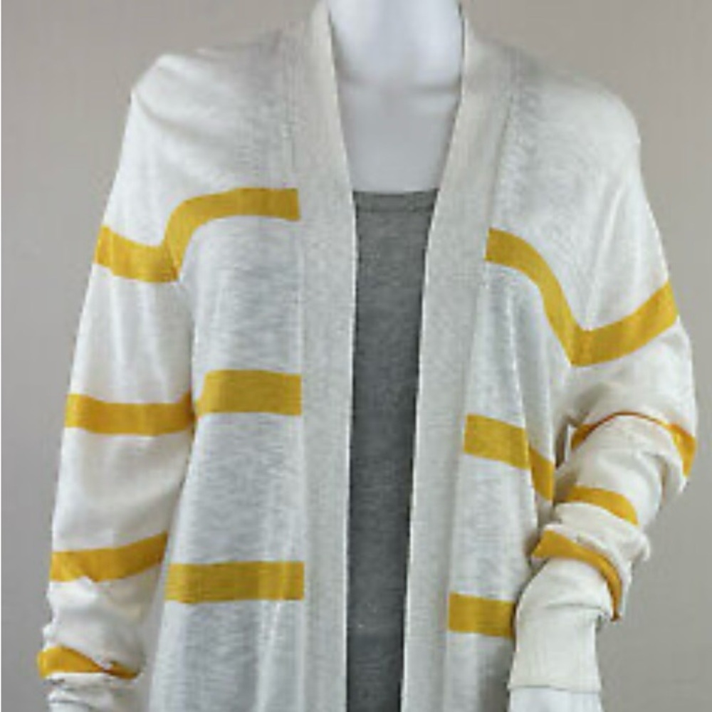Old Navy Yellow Striped Cardigan Open Front Pockets Lightweight Split Hem S